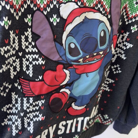 Disney Gray Merry Stitchmas Ugly Christmas Sweater W's M-L Satin Patch Pullover - Picture 4 of 9